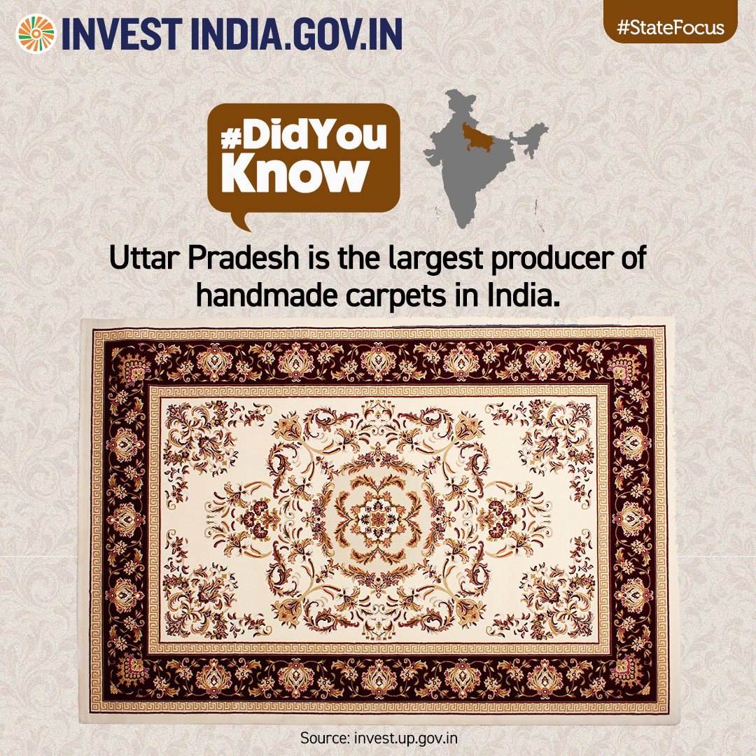 #DidYouKnow
Uttar Pradesh is India's largest Handmade Carpets Exporter

#InvestInUttarPradesh #InvestInIndia #InvestInUP #HandmadeCarpets #SuccessStory #export #NewIndia #growthhacking #coralfashion #coralgroup #varanasi #UttarPradesh #textile #fabric #carpet #growthtips