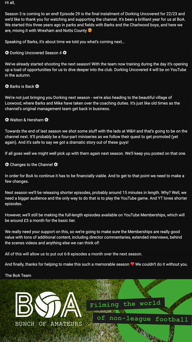 bunch_amateurs's tweet image. Here's an update from BoA.... 

Dorking Uncovered 4 is coming, Barks and Mike are back and we've got a @waltonhershamfc mini-series starting next week 🎉

Also, we're making some changes to the channel for next season...