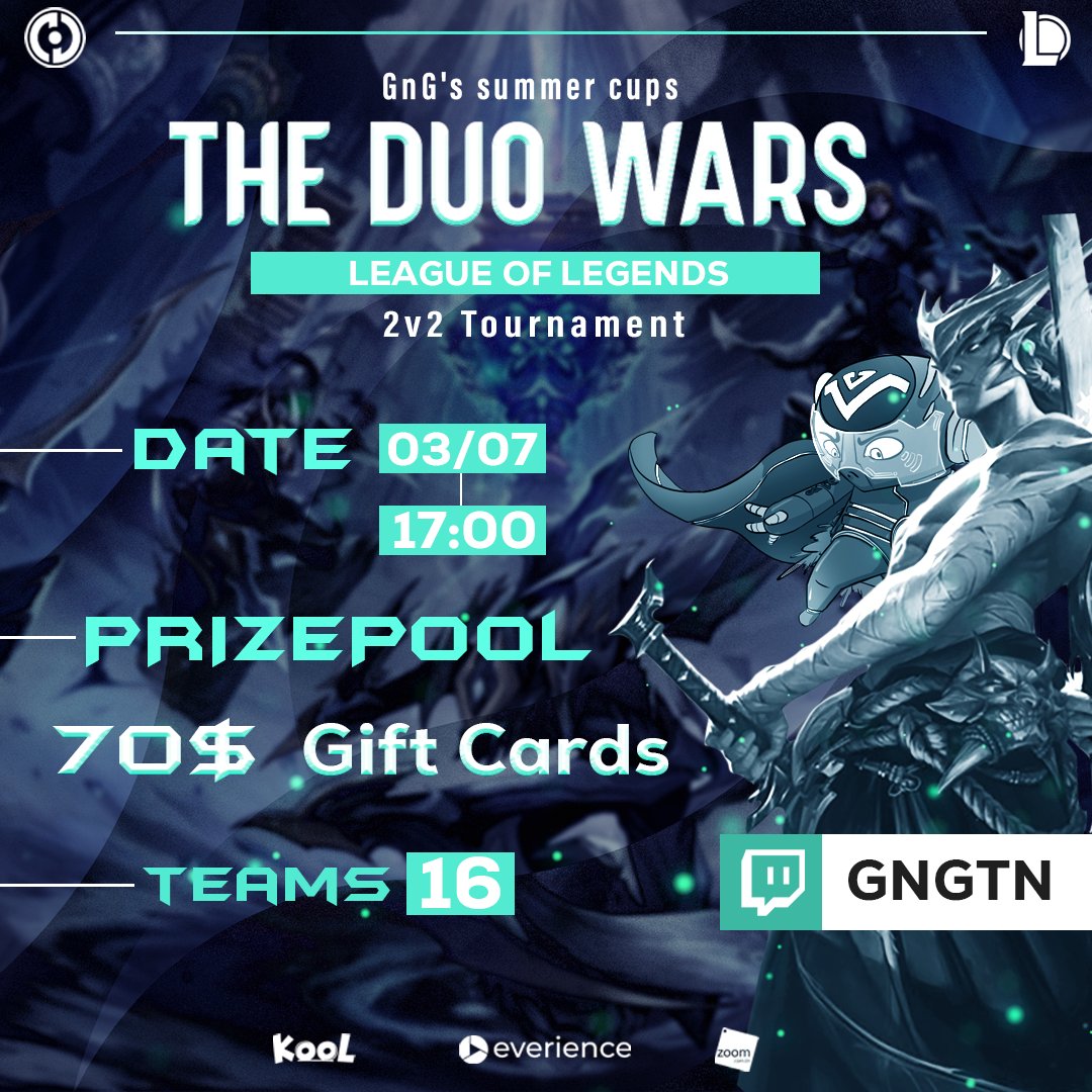 📢 مسابقة جديدة تحت عنوان "GnG's summer cups"

Bring your duo and show off your League of Legends skills in a 2v2 tournament with a prize pool 🤑! 
Hurry up and register on our discord server 👇
🔗 discord.gg/YgQVNw3kwR
📺 twitch.tv/gngtn

#LEIP23 | #ArabianLeagueLoL |