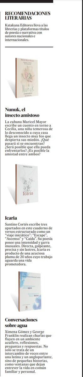 Las recomendaciones literarias de la <a href="/JornadaEdomex/">La Jornada Estado de México</a> de esta semana:
Nunuk, el insecto amistoso de <a href="/MayorMMar/">Maricel Mayor Marsán</a> Icaria de <a href="/santino_cortes/">Santino Cortés</a> y Conversaciones sobre agua de Ximena Gómez &amp; George Franklin
Disponibles en <a href="/CasaDeLaLectura/">Profética</a> 
tinyurl.com/2z56n6rw
Pedidos al: 55 5414 3200