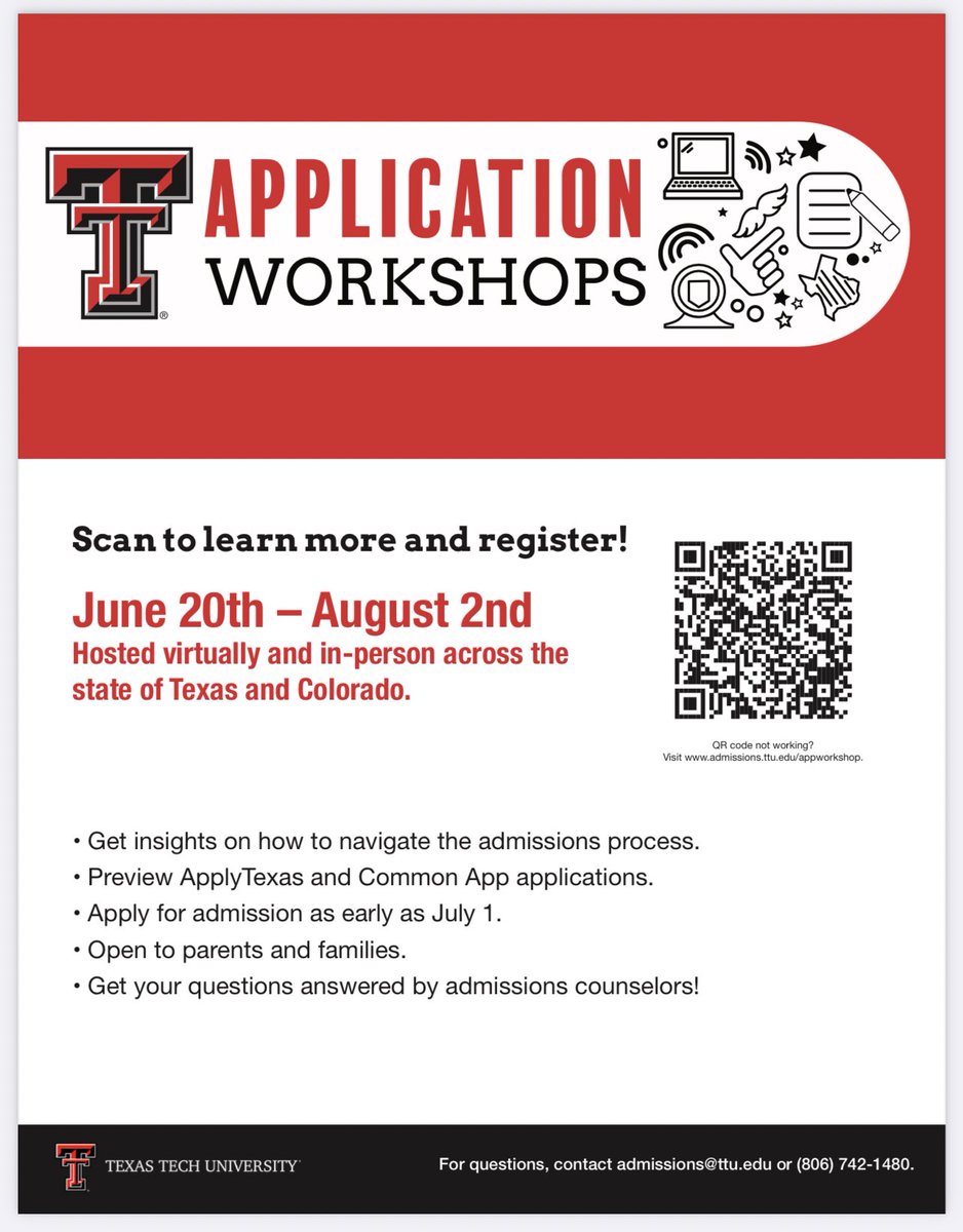 Texas Tech admissions is hosting an application workshop @ WHS on July 10! It will have great information for you no matter where you plan to apply. They’ll be going over Apply Texas and the Common App. Sign up today! Scan the QR code or:

depts.ttu.edu/admissions/app…