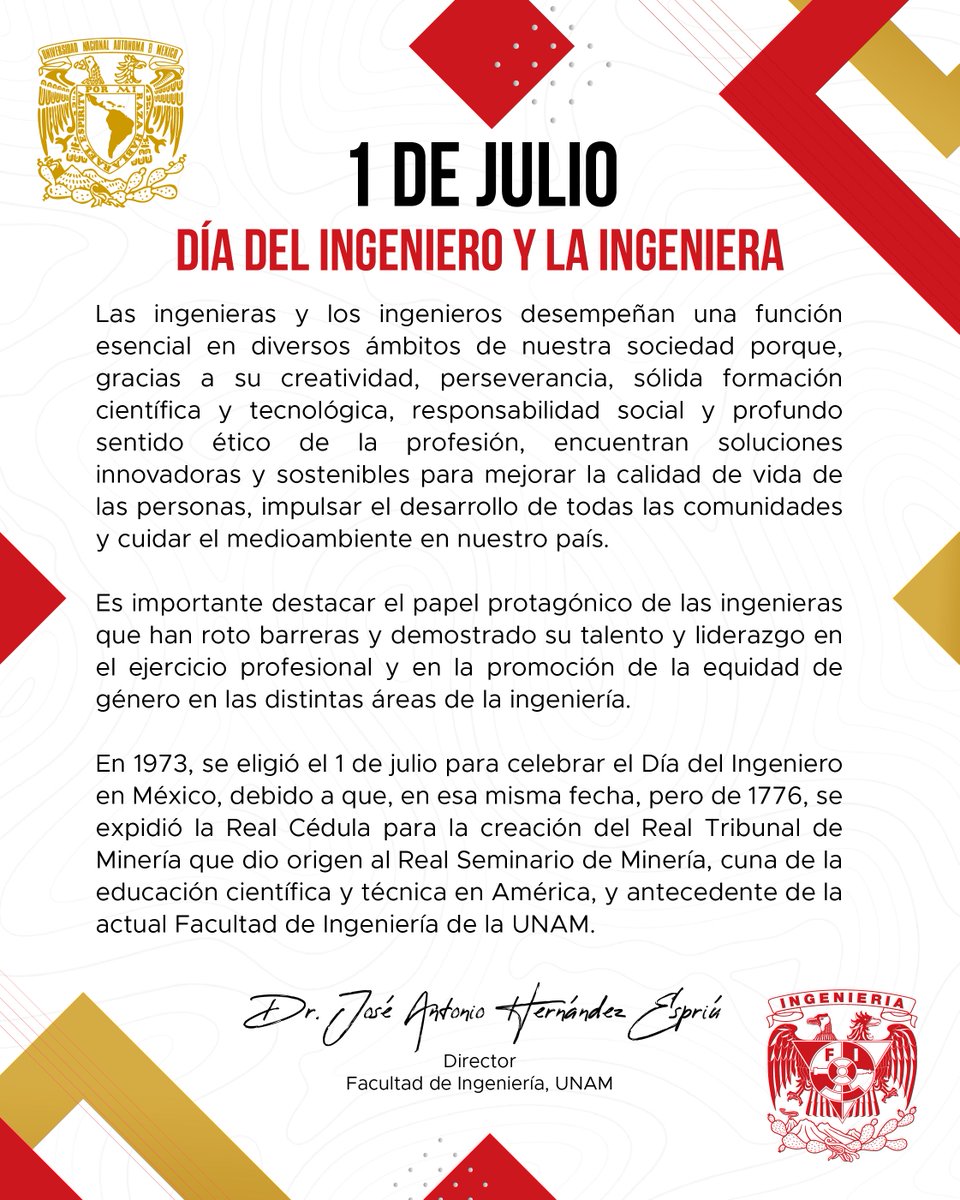 FIUNAM_MX's tweet photo. Hoy primero de julio celebramos a una de las más nobles profesiones que han transformado el mundo, ¡feliz día de la Ingeniera y el Ingeniero!.
#OrgulloFI #todossomosfi 
@die_fi_unam @DICT_FIUNAM @dicyg @DIMEIFIUNAM @uatUnam @SocialesyHum_FI https://t.co/L6pBsSnHTW