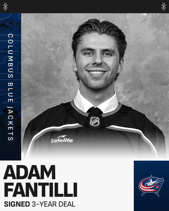 Adam Fantilli appears for his Draft day headshot in a black-and-white photo. To his left reads "Columbus Blue Jackets" in white text over a Blue Jackets blue background. Below him is black text on a white background reading,  "Adam Fantilli, Signed 3-year deal". The Blue Jackets logo is to the right on a Blue Jackets blue background.