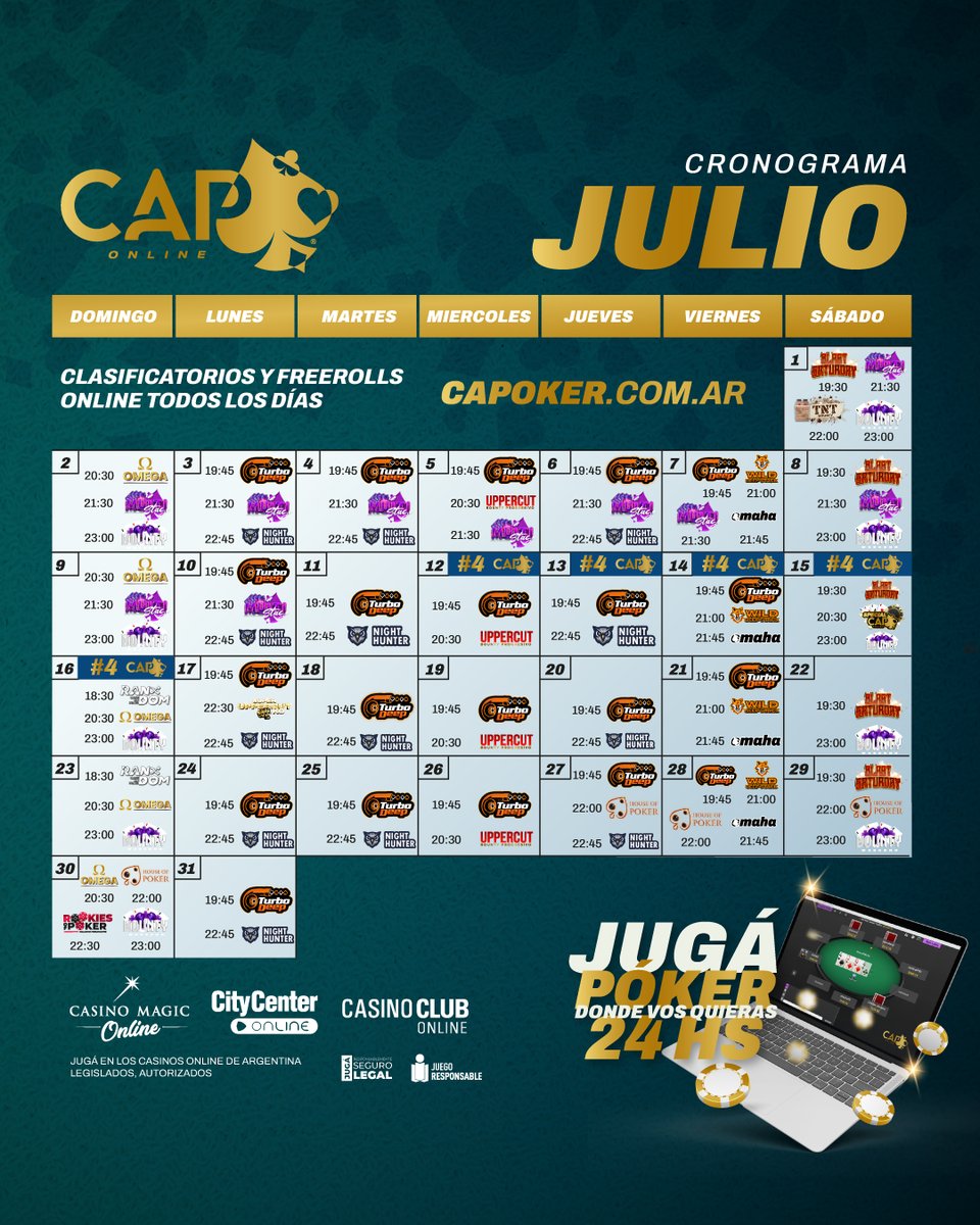 Es momento de saludar al cronograma del mes de Julio 🗓️

Si quieren mandarle un mensajito a Julio Iglesias, también pueden eh ;)

👉 Les dejamos el cronograma de torneos online del mes, así van agendando las fechas en Google Calendar

📲 Toda la info en capoker.com.ar
