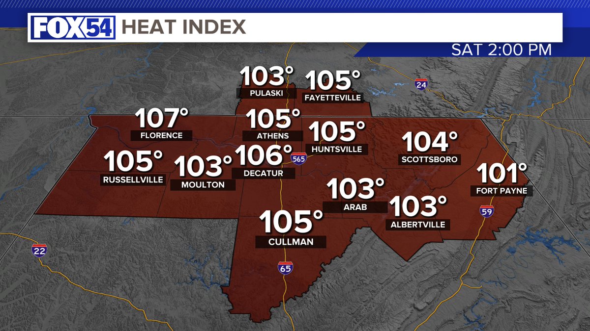 JDressmanWX's tweet photo. Heat Alerts are in place today! Be VERY careful this afternoon. Heat Index will be well into the 100s in many locations. #ALWX #TNWX #FOX54 #FOX54WX #Summer #SummerHeat https://t.co/6ceih7aPIq