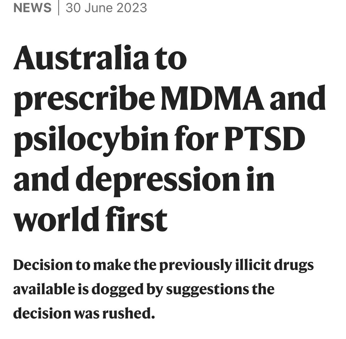 Australia to prescribe MDMA and psilocybin for PTSD and depression.

The re-emergence of psilocybin medicine. When will the U.S. and  the rest of the world legalize psilocybin and psychedelics? Jamaica, Portugal, has and soon, we hope, Mexico and many others.