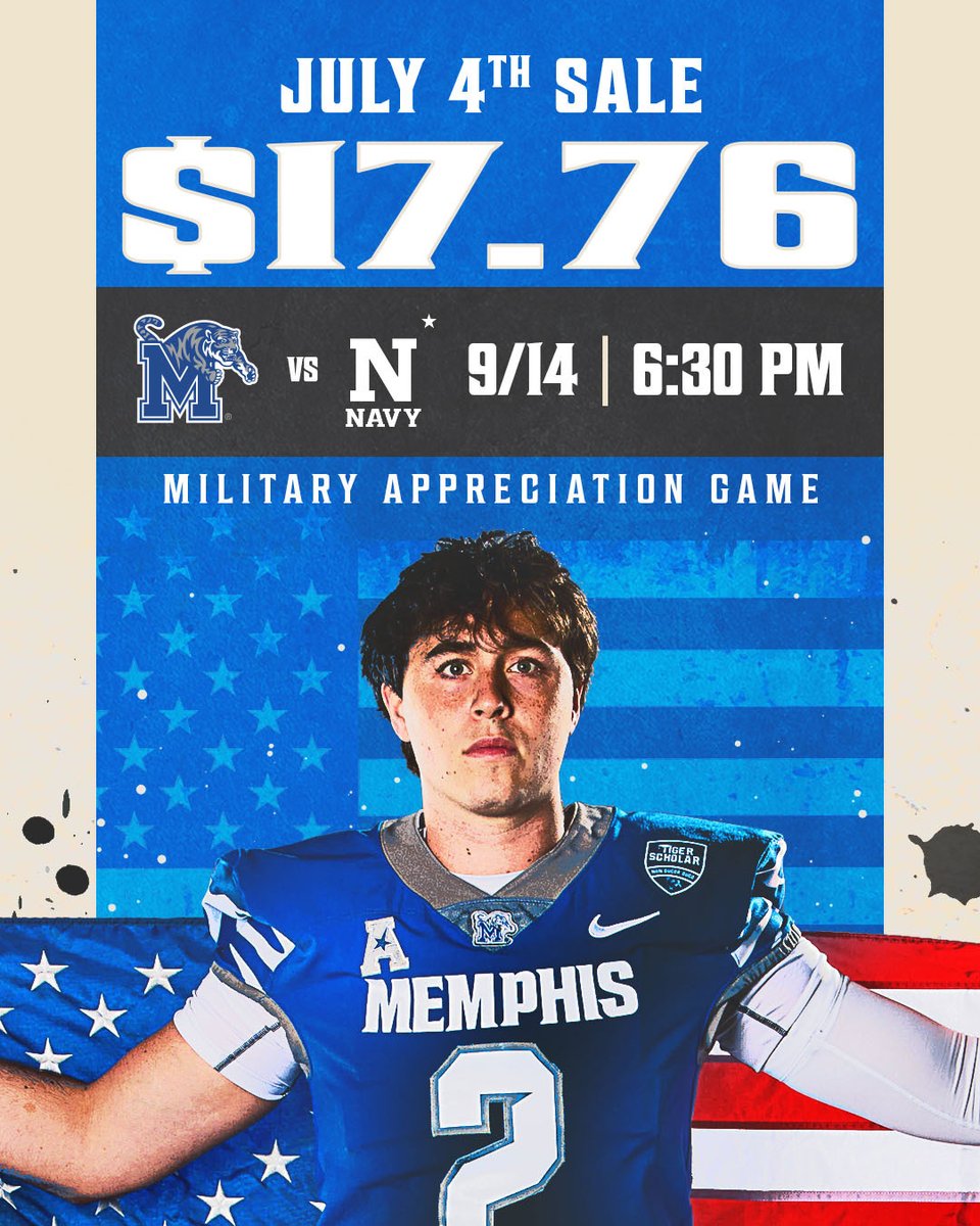 Limited time sale 🚨 This 4th of July weekend, we are offering a special $17.76 ticket for you and your family to @MemphisFB vs Navy on Sept. 14! #GoTigersGo 🎟 gotigersgo.me/4thOfJuly