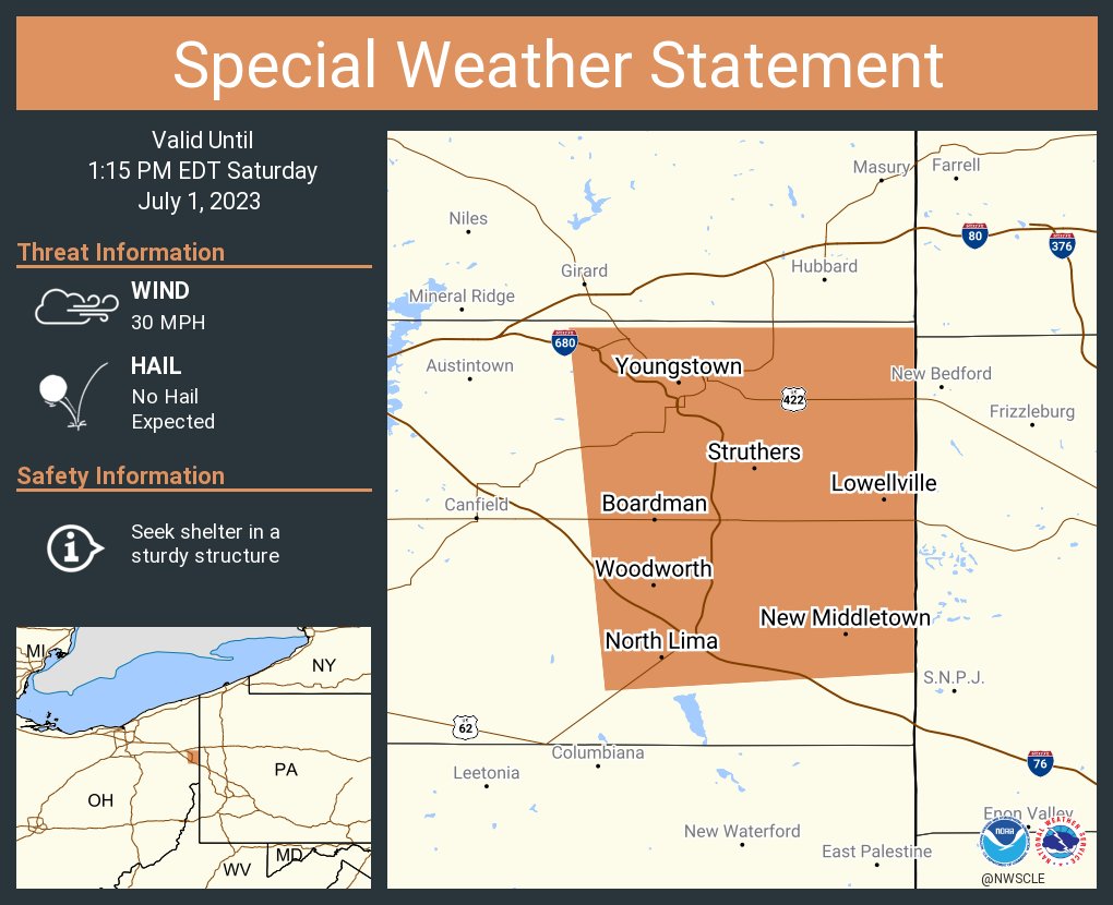 NWSCLE's tweet photo. A special weather statement has been issued for Youngstown OH, Boardman OH and  Struthers OH until 1:15 PM EDT https://t.co/1HTwurHMkh