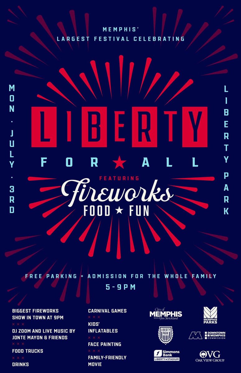 THE CITY'S ✨ OFFICIAL ✨ FIREWORKS SHOW | THIS MONDAY, JULY 3 | 5-9 PM

Join Memphis Parks and the <a href="/CityOfMemphis/">City of Memphis</a> in collaboration with <a href="/DowntownMemphis/">Downtown Memphis</a> and the <a href="/oakviewgroup/">OVG</a> at <a href="/SBLibertyStad/">Simmons Bank Liberty Stadium</a> for an epic Independence Day Festival in <a href="/libertyparkmem/">Liberty Park</a>!