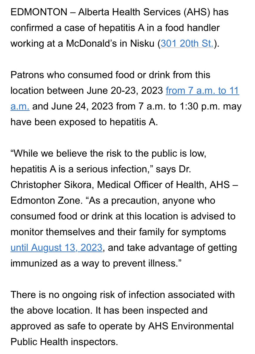AHS issuing a Hepatitis A warning following a confirmed case in a worker at McDonalds in Nisku. #yeg