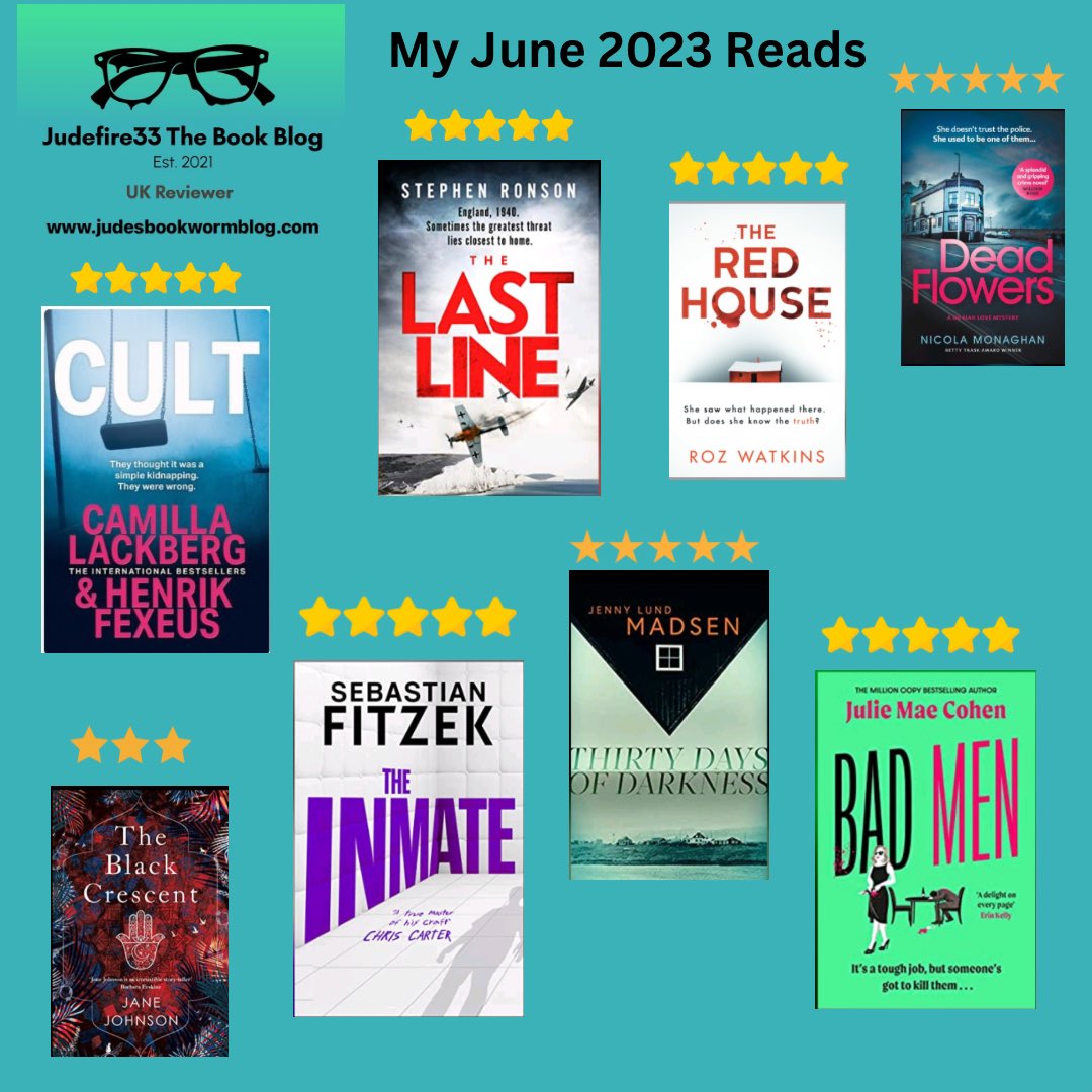 #June #WrapUp

Some exceptional 5 star books this month! #BadMen @julie_cohen #RedHouse @RozWatkins #DeadFlowers @nicolanovelist #TheLastLine @Stephen_Ronson #Inmate @SebastianFitzek #ThirtyDaysOfDarkness @JennyLundMadsen #Cult @camillalackberg