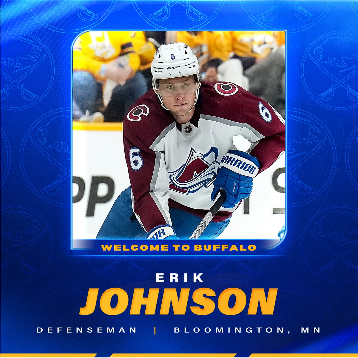 BuffaloSabres's tweet photo. We have signed defenseman Erik Johnson to a one-year contract worth $3.25 million.

Welcome to the Sabres, Erik! 👊

Details: https://t.co/LNpuqSChoH https://t.co/4n2Qu9fJU4