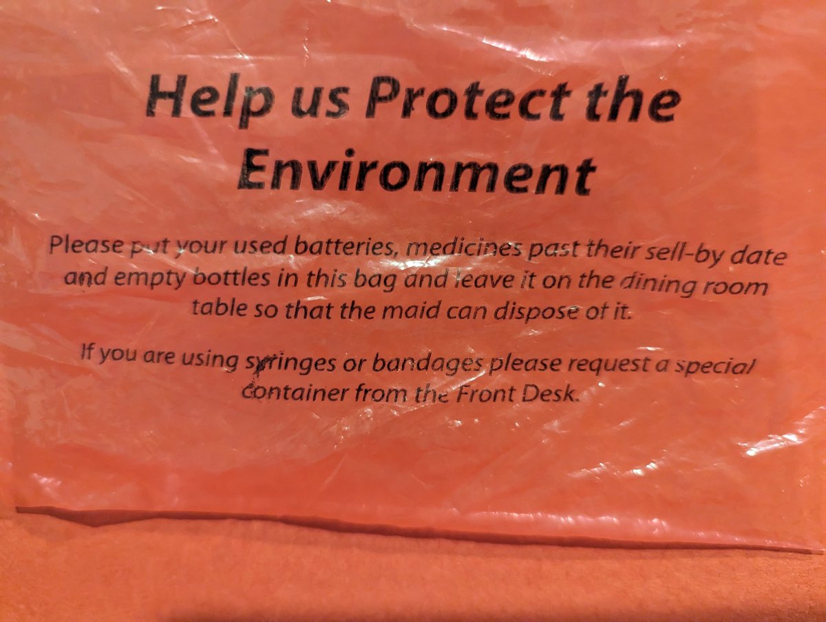 H A Hathaway Miranda (@latinactivista) on Twitter photo I was so impressed to see The Royal Sands Resort in Cancun provide this bag for #battery and #medicine #recycling in a guest room.
Where is your similar commitment and program
<a href="/Hilton/">Hilton</a> <a href="/MarriottIntl/">Marriott International</a> <a href="/Marriott/">Marriott Hotels</a> <a href="/HolidayInn/">Holiday Inn by IHG</a> <a href="/Radisson/">Radisson</a>?
#environment I was so impressed to see The Royal Sands Resort in Cancun provide this bag for #battery and #medicine #recycling in a guest room.
Where is your similar commitment and program
<a href="/Hilton/">Hilton</a> <a href="/MarriottIntl/">Marriott International</a> <a href="/Marriott/">Marriott Hotels</a> <a href="/HolidayInn/">Holiday Inn by IHG</a> <a href="/Radisson/">Radisson</a>?
#environment