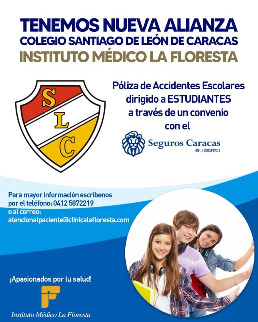 NUEVA ALIANZA 🚨: Querida comunidad, les anunciamos 📣 que tenemos otra Alianza 🤝🏻 con el Colegio Santiago de León, que consiste en una Póliza de Accidentes Escolares para ESTUDIANTES 📚, con la que podrás obtener excelentes beneficios para tus hijos.