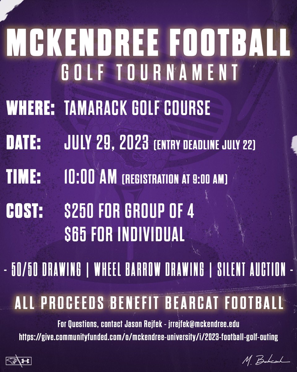 Mckendree_FB's tweet photo. ⛳️ July 29th McKendree Football will be hosting a golf tournament at Tamarack!

There is still plenty of time to sign up or to donate, with all proceeds going directly to our program.

Please contact @CoachRejfek with any questions!
https://t.co/bZCkThz7c1 https://t.co/CPhmMzfOSS