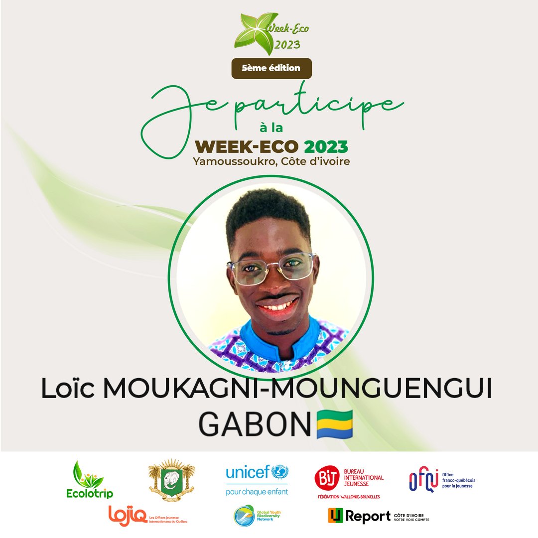 Je vous présente @loic_MKG qui fera parti de la délégation du Gabon lors de la week-eco à Yamoussoukro. 
Bonne expérience durant la Weekeco qui réunit la jeunesse francophone du continent. 💪.