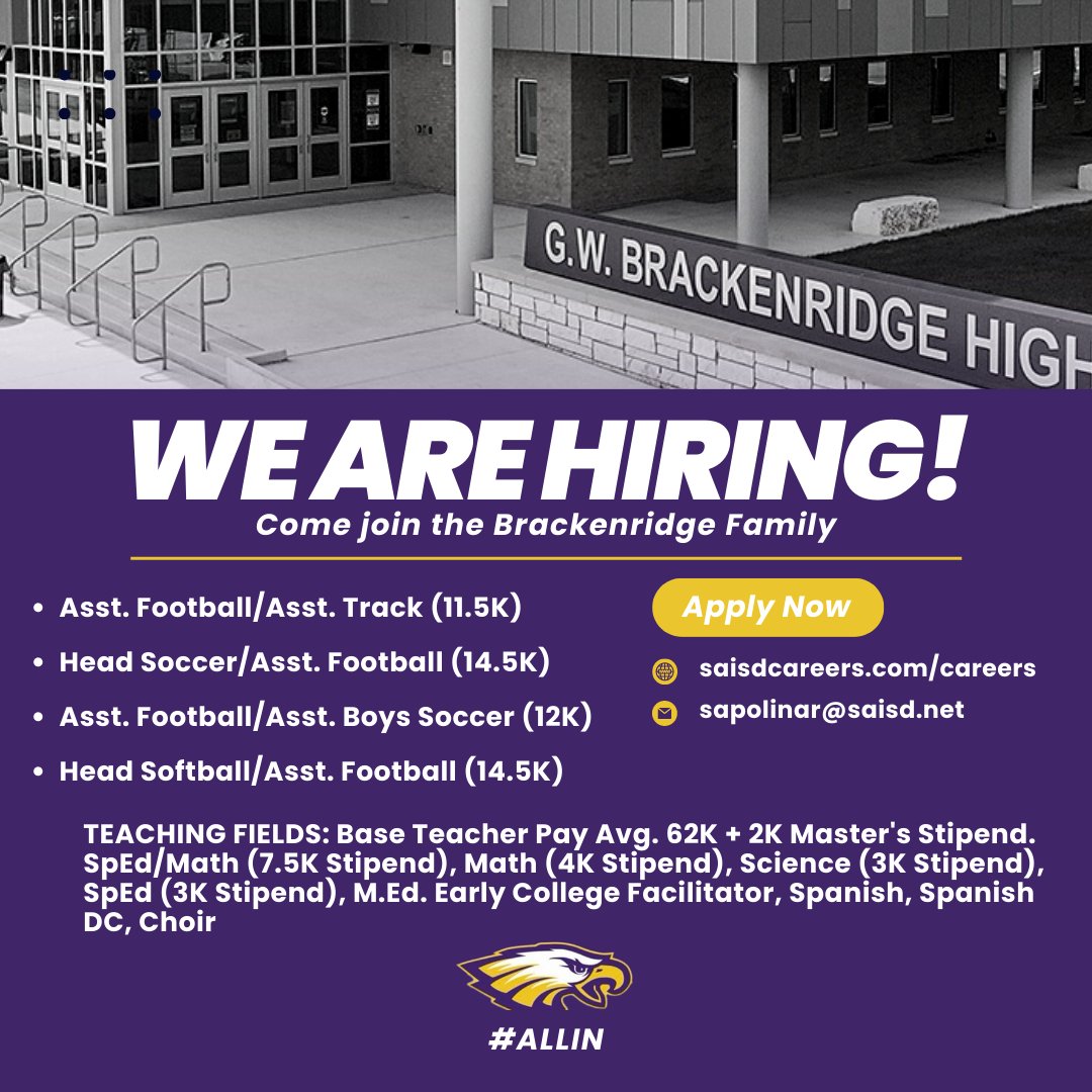 Come join the #BrackFamilia at <a href="/SAISDBrackHS/">Brackenridge HS, SAISD</a> and be a part of something special going on in downtown San Antonio!  We offer a great compensation plan with very competitive coaching stipends!  DM us today or send your resume to sapolinar@saisd.net. #ALLIN #ProtectTheNest