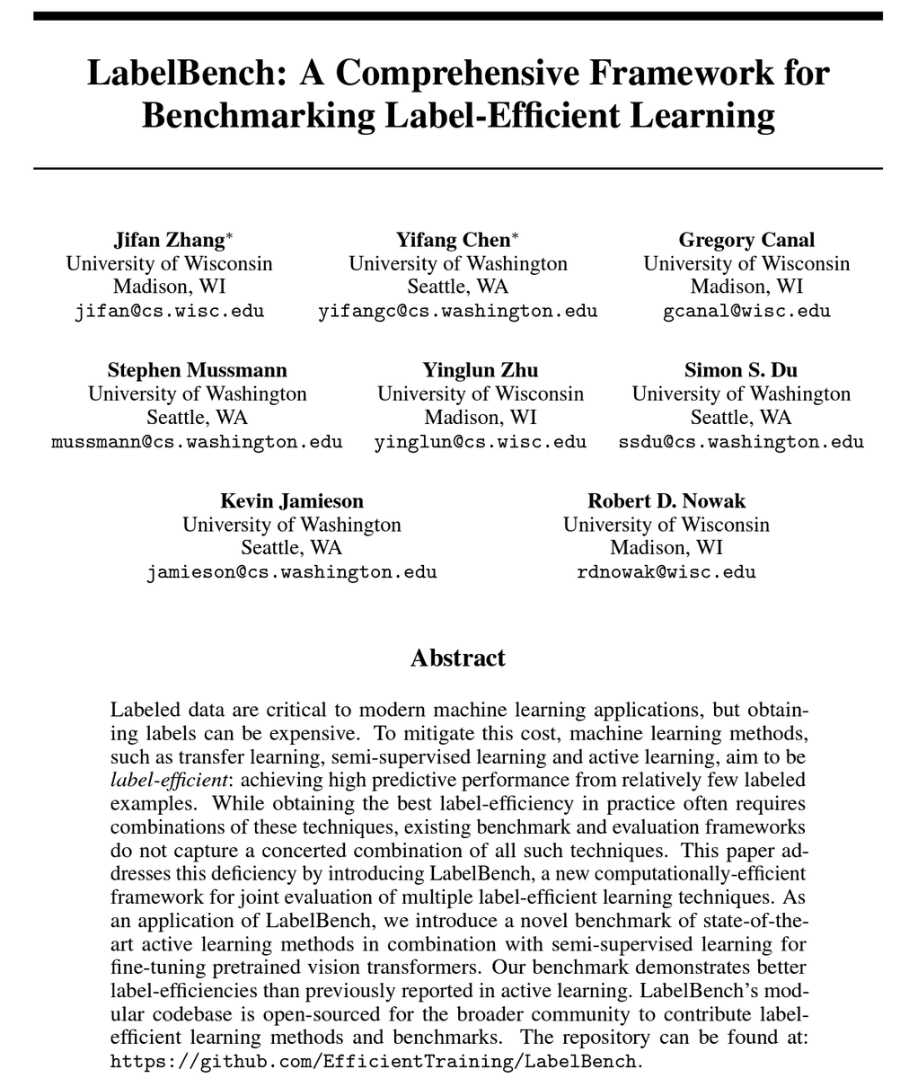 Introducing our framework and benchmarks for label-efficient learning. Evaluations of large pretrained models, Semi-SL and active learning have mostly stayed isolated. LabelBench combines all these mutually beneficial techniques to examine the best possible label-efficiency 1/
