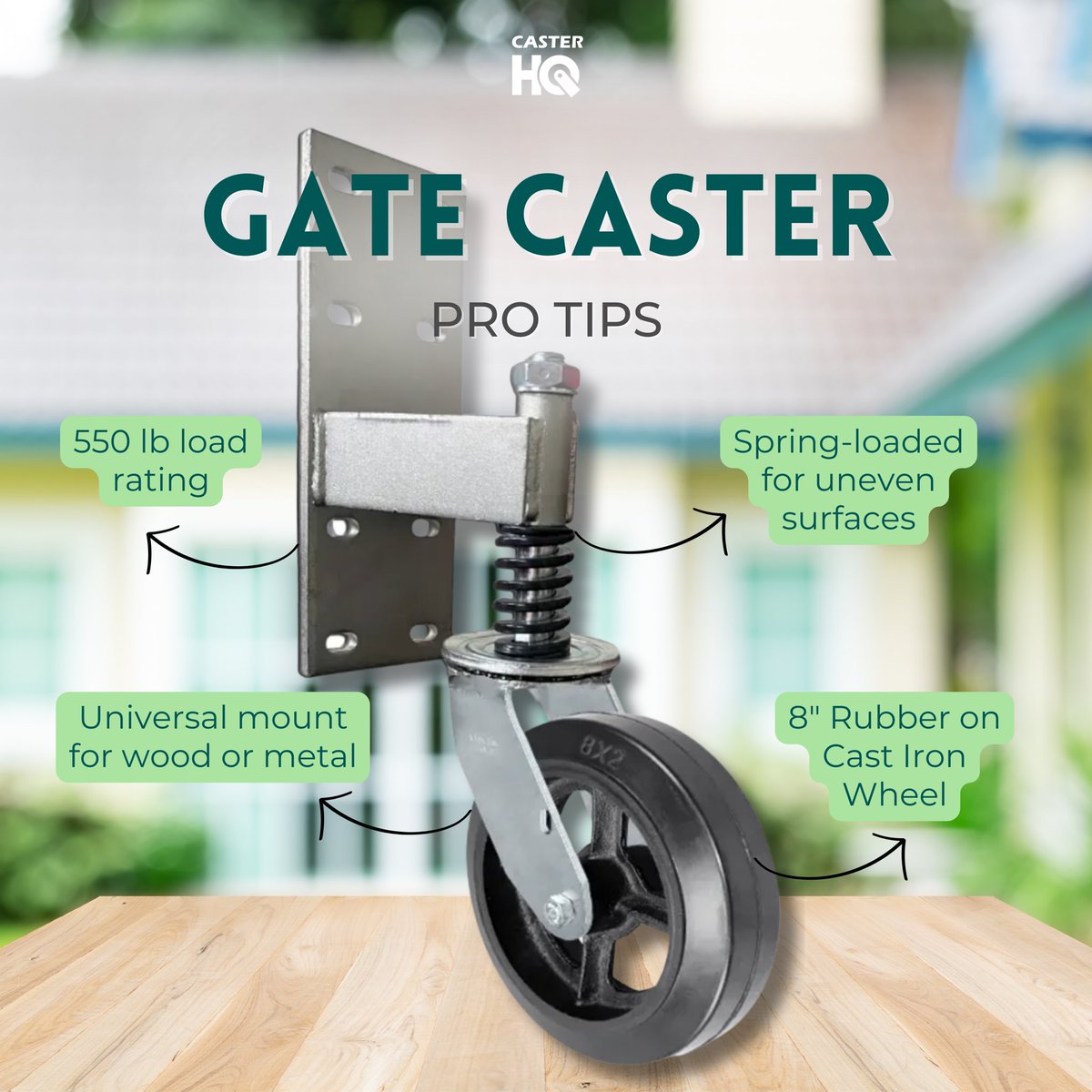 ⭐️ Pro Tip for Easy Installation: When installing your gate caster, attach it to the lowest point of your application. This trick allows the spring to naturally compress as the caster moves up, resulting in a smoother and hassle-free operation. Our heavy duty 8' spring-loaded