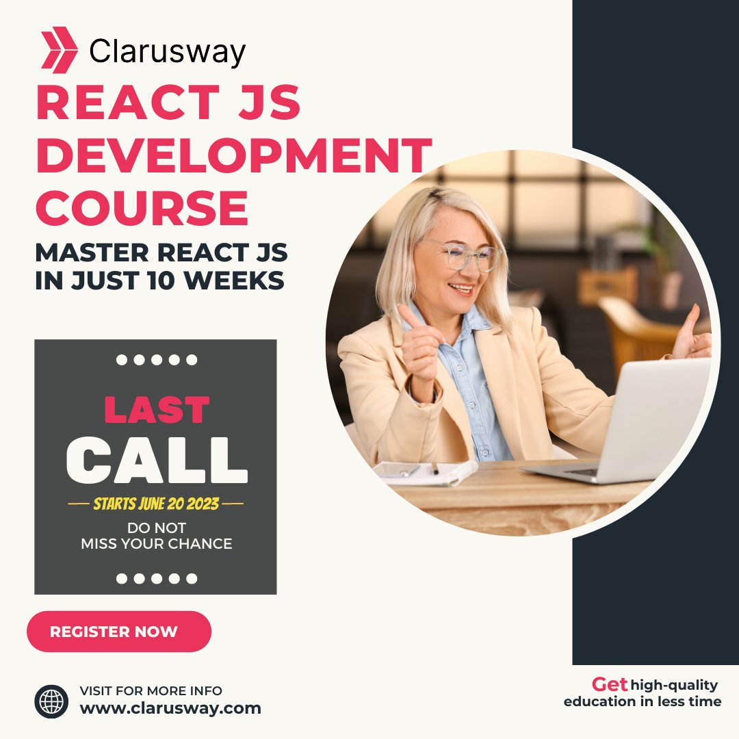 clarusway's tweet image. Join our 10-week #ReactJS #Development Course starting on June 20th
⏳ Limited time offer! Don&apos;t miss out on this incredible opportunity to enhance your skills  
🔗 Apply here: zurl.co/NJN5 ✨ 
 #CodingCourse #DiscountOffer #SkillsUpgrade
