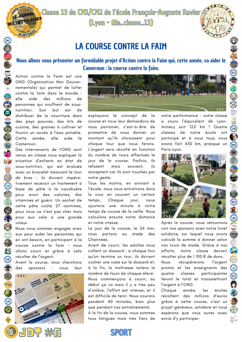 #UnArticleDuJdT
Pour cette 4e découverte, nous vous proposons l'article des élèves de CM1/CM2 de <a href="/la_classe_13/">La_classe_13</a> (#Lyon) dans le Journal des TwittClasses. #JdT2023 🗞️
Il parle de leur course contre la faim pour soutenir l'association <a href="/ACF_France/">ActionContreLaFaim</a>.
Il se trouve en page 6 du JdT.