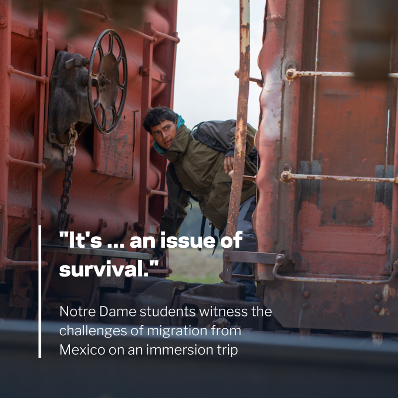 NotreDame's tweet photo. Notre Dame students in Eva Dziadula’s Economics of Immigration class traveled to Puebla, Mexico, over spring break to speak directly to migrants traversing a dangerous route from Central America to the U.S. border.
