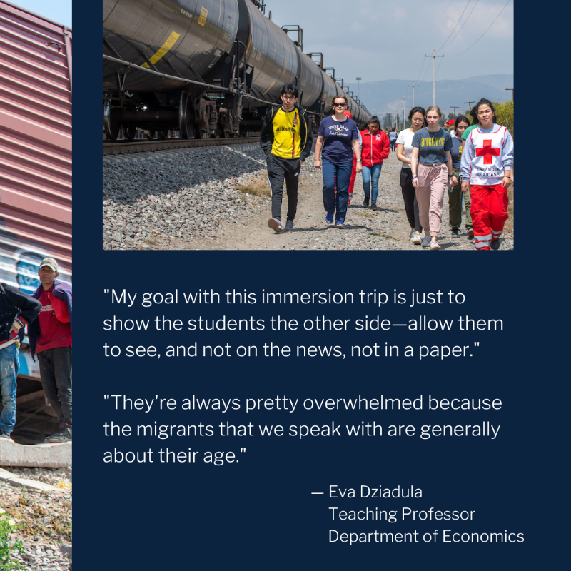 NotreDame's tweet photo. Notre Dame students in Eva Dziadula’s Economics of Immigration class traveled to Puebla, Mexico, over spring break to speak directly to migrants traversing a dangerous route from Central America to the U.S. border.
