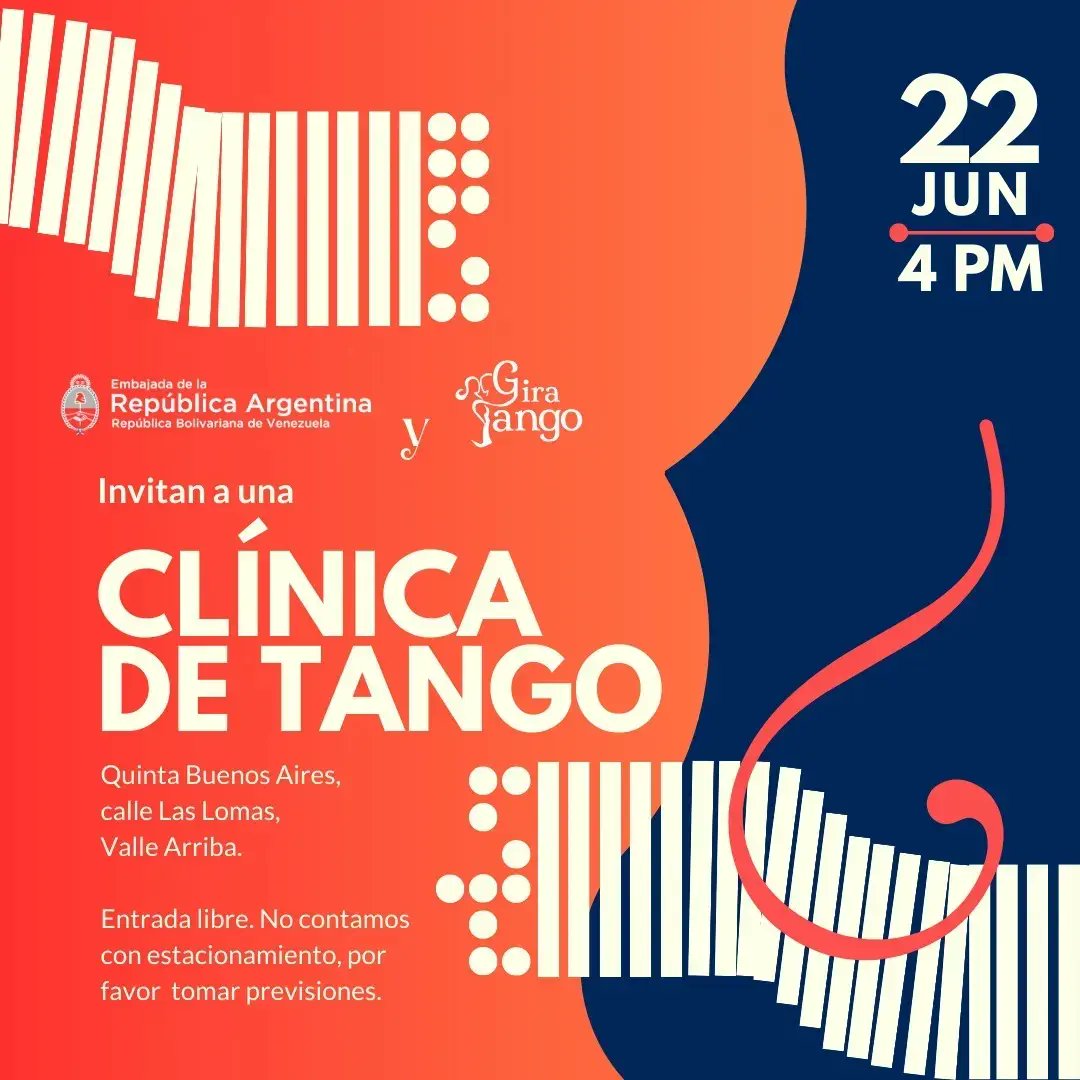 La Embajada Argentina en Venezuela y Gira Tango <a href="/Giratango/">Gira Tango</a> 🪗 continúan el ciclo de clases para que principiantes se adentren en el arte de este baile. La cita será a las 4pm este jueves 22.