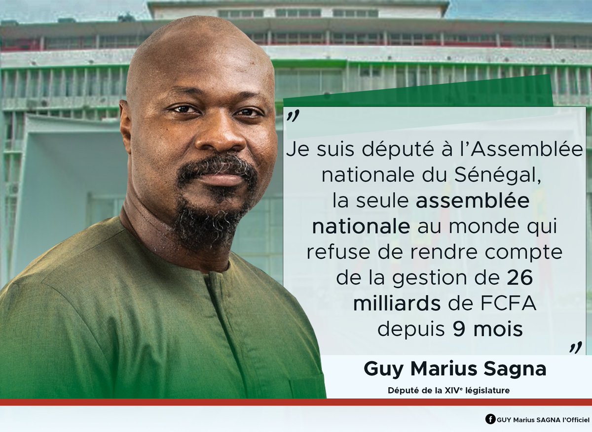 🚨🚨🚨 De GMS 
'Je suis député à l'Assemblée nationale du Sénégal, la seule assemblée au monde qui refuse de rendre compte de la gestion de 26 milliards de FCFA depuis 9 mois'.
1er vice-président de la Commission de Comptabilité et de Contrôle de l'Assemblée nationale du Sénégal