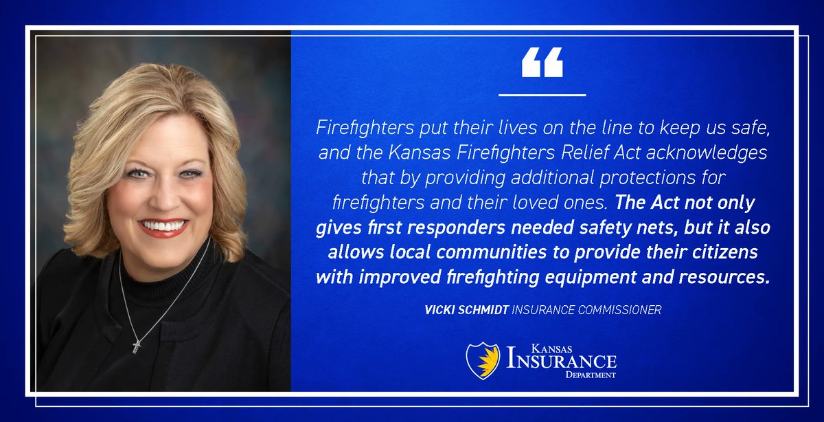 'Kansas firefighters receive $16.8 million from Kansas Insurance Department'
#ksleg #ksgov #ksins #kansas #insurance #securities 

Read the full article here: buff.ly/43OqaKI 

For more department news, visit: insurance.kansas.gov/news/