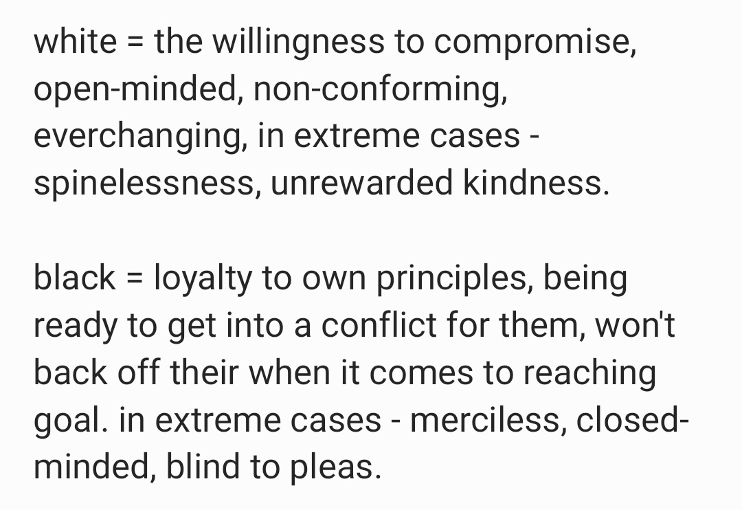_vegaform's tweet photo. the balance of those makes up what characters' stance on changing their mind and embracing new ideas can be. none of those is inherently bad, and both full-white and full-black characters are still capable of violence and love alike. https://t.co/0iSqbPVsXj