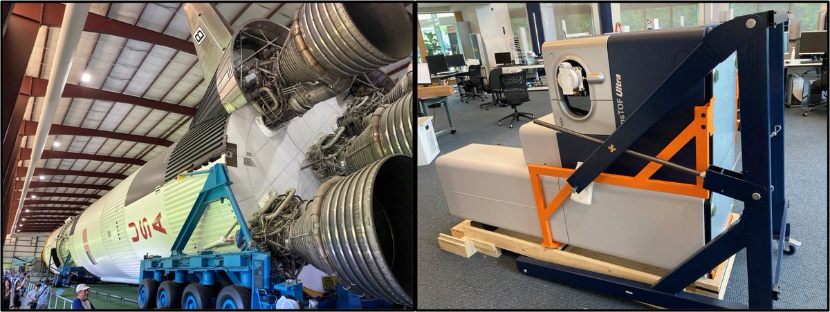 #ASMS2023 Houston was fascinating. Photo1, a device to explore space (interstellar measures) . Photo2 showing #TimsTOF Ultra that pushes limits of sensitivity in mass spec at single cell level. What do you see in common besides blue cranes, rockets and ions flying in a vacuum?