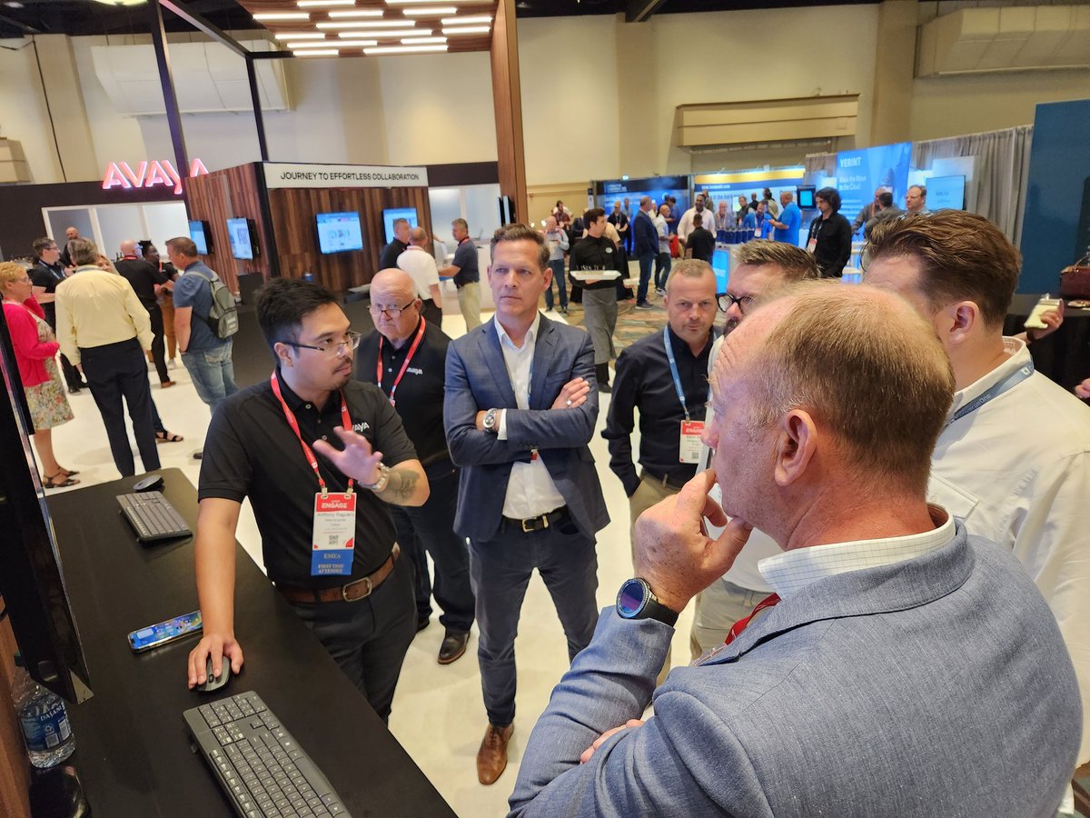Avaya's tweet image. The #AvayaENGAGE expo floor is open. Stop by our booth for informative demos and discussions. #ExperiencesThatMatter #cloud #CX #AI