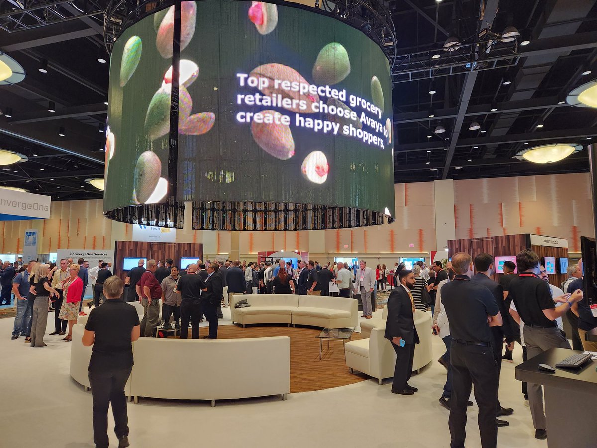 Avaya's tweet image. The #AvayaENGAGE expo floor is open. Stop by our booth for informative demos and discussions. #ExperiencesThatMatter #cloud #CX #AI