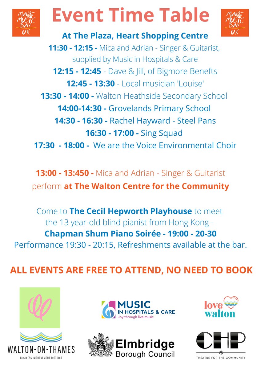 If you are about in #WaltononThames tmrw [21st June] come to the Heart Plaza for @welovewalton @MakeMusicDayUK 2023 from 1130 for a free day of music - I will be compering the event on the longest day #makemusicday