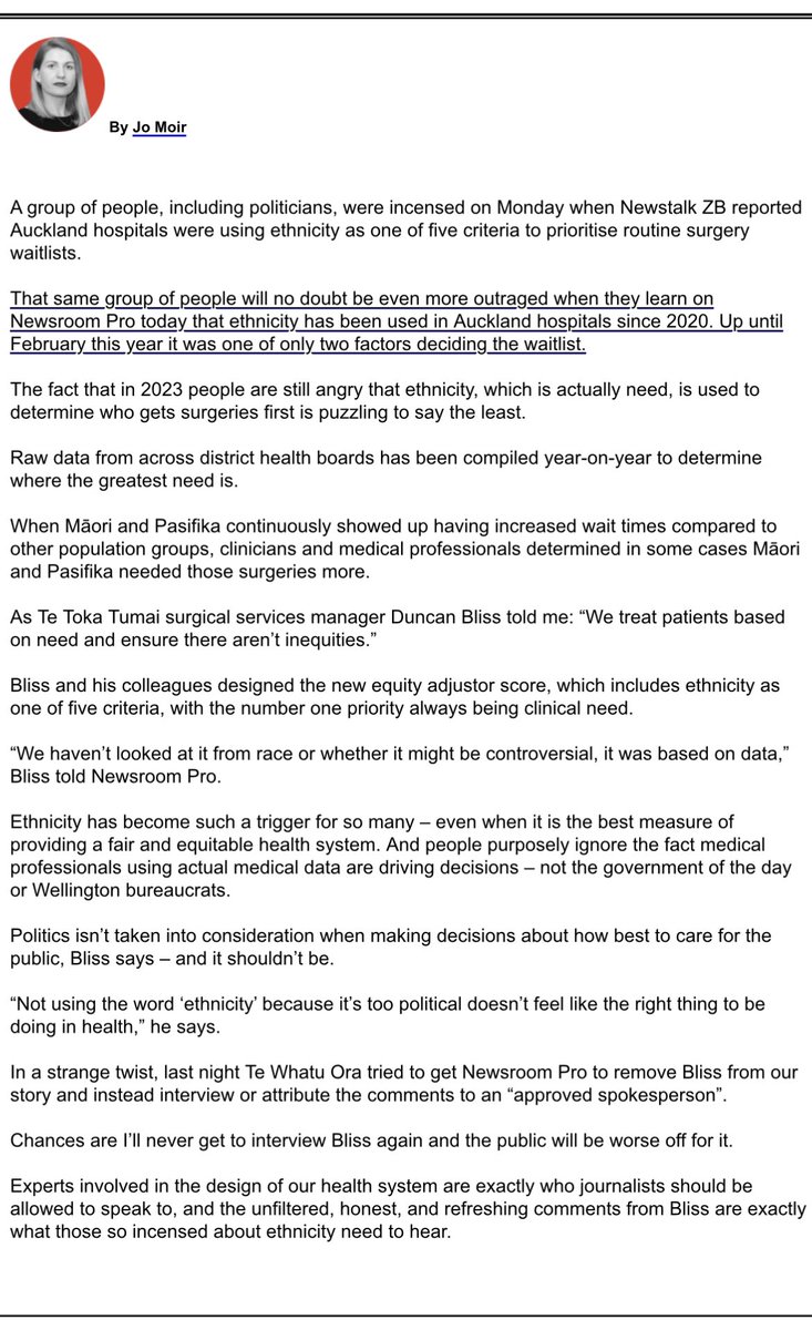 My <a href="/NewsroomNZ/">Newsroom</a> Pro editorial this morning on why ethnicity is a measure of need and how medical professionals are best placed to determine that. Also the weird and ridiculous attempt to shut down no “approved” spokespeople despite them being the experts.