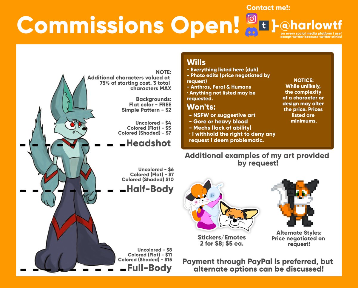 harlowtff's tweet photo. hi i redownloaded twitter
i will not be very active, i just wanted to post my new commission sheet
and i'm here so i can see any dms i possibly get about it
so
here's that commission sheet https://t.co/3piKZYKwX6