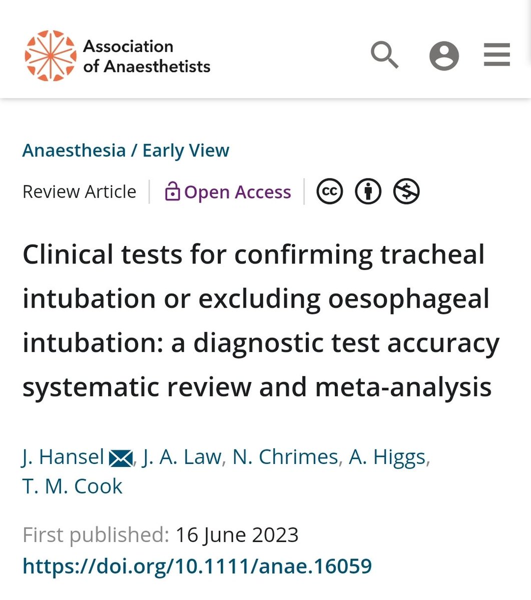 When it comes to airway, there's not too many things worse than an unrecognized tube in the goose.

This systematic review assessed clinical methods when the gold standard waveform ETCO2 is not available:

Misting = 🗑 🗑 (FP=69%)
Auscultation = 🗑 (FP=18%)
Colormetric CO2 = 🤏…