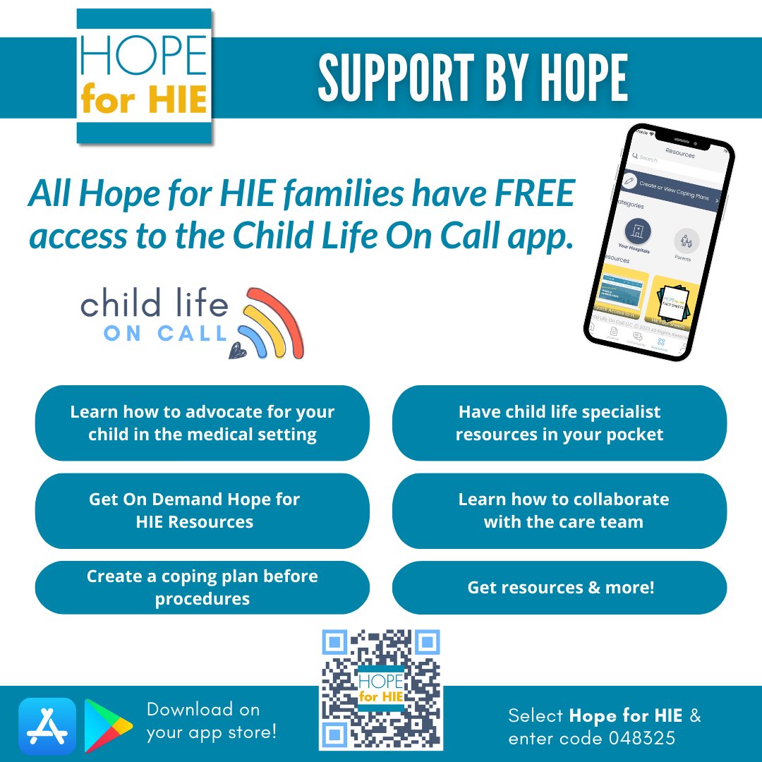 All Hope for HIE families get FREE access to the  @childlifeoncall app!

#ChildLife services & support offered by #HopeforHIE.

Learn more at HIE.Support.

#NeoTwitter #NeuroTwitter #ChildNeurology #NICUsupport #PedsICU