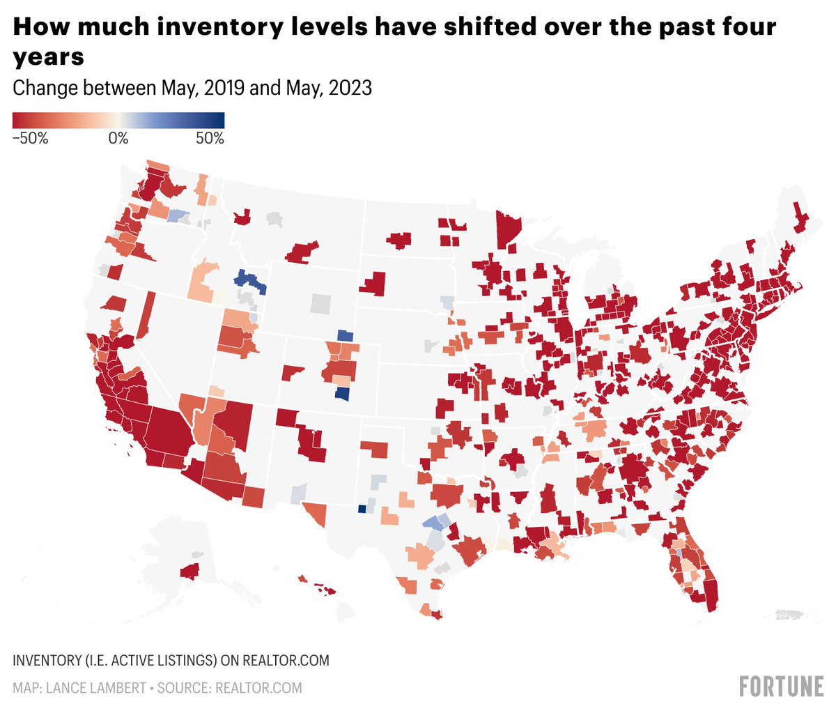 Inventory shift between May 2019 and May 2023:   

Austin --> +4%
Lakeland, Fla. --> -8%
Colorado Springs --> -12%
Boise City --> -14%

New Haven, CT --> -74%
Allentown, PA --> -74%
Bridgeport, CT --> -78%
Hartford, CT --> -80%