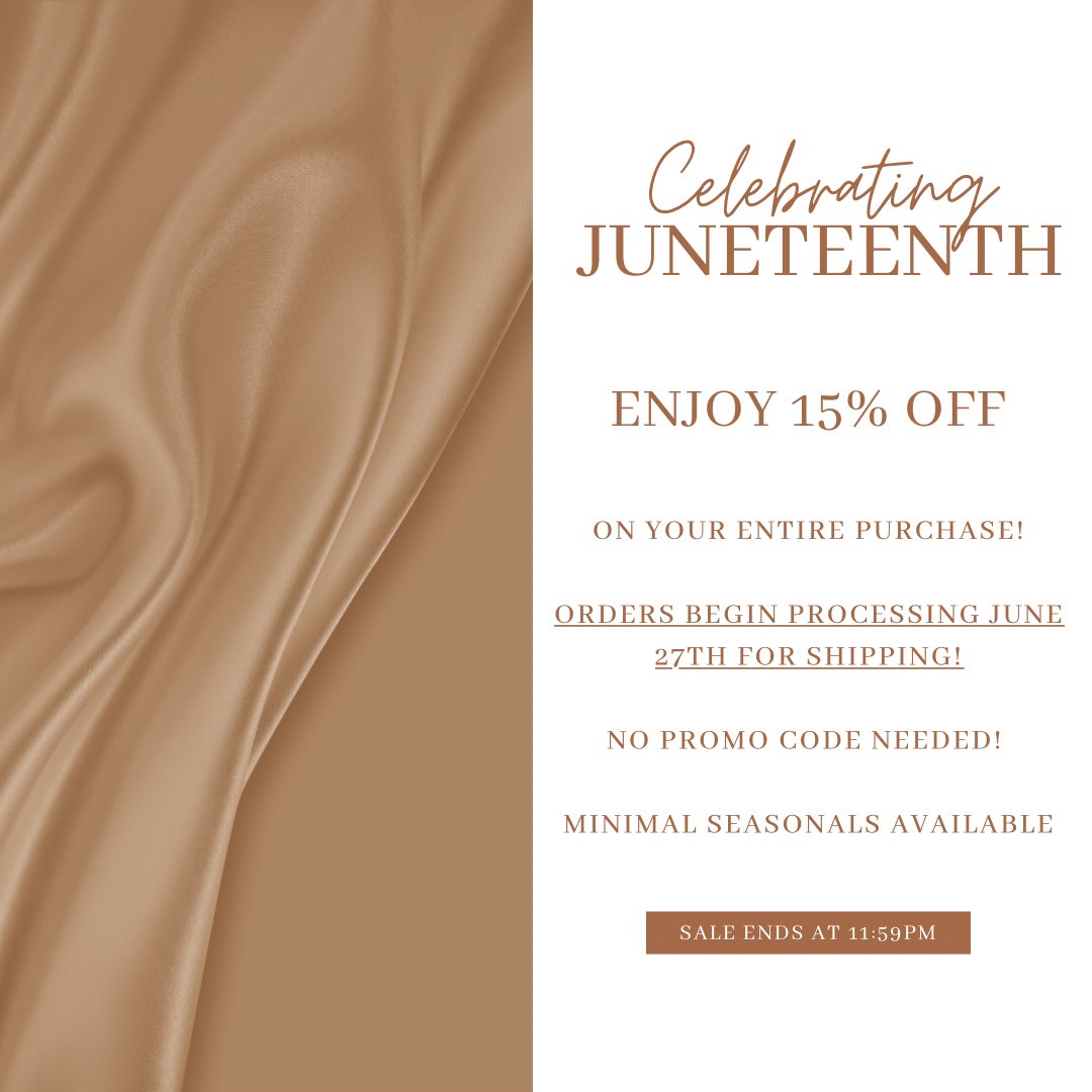 BareInfluence's tweet image. Happy Juneteenth everyone!! Celebrate today with us by taking 15% off your entire purchase today! ✨

To make this day EXTRA special, we have brought back a few of your past seasonal favorites available for this sale TODAY ONLY! 🤎

Sale ends tonight at 11:59pm!✨