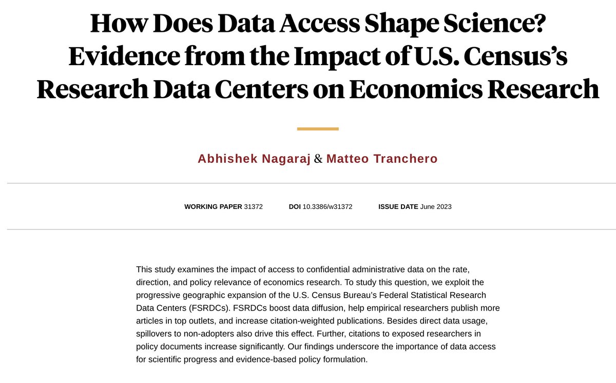 🚨🚨 Working Paper Alert! 🚨🚨

Excited to share new @nberpubs WP with @MTranchero -- we examine the impact of access to confidential admin data via @uscensusbureau data centers on economics research. 

A short 🧵 with key findings ...