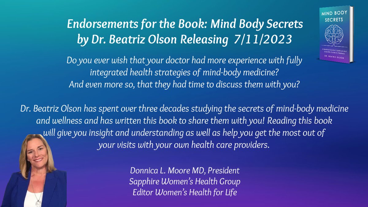 Thank you, @DrDonnica, for your kind words and support in your endorsement of Mind Body Secrets, releasing July 11.

#mindbodysecrets #mindbodymedicine #connectionmatters #integrativemedicine #womenempoweringwomen #womenphysicians #femininepower