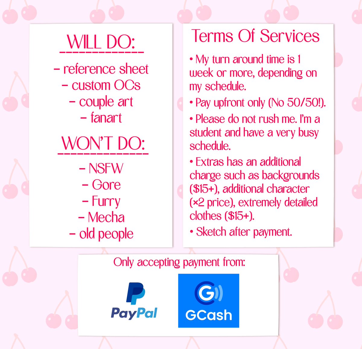 chxrry_cherryy's tweet photo. ‼️NEW COMMISSION SHEET ‼️

Heyaa, it's Mei! I'm back with another new commission sheet! I made sure to make it all clear!

‼️ EMERGENCY COMMISSION ‼️

Still accepting commissions!!! 
PLEASE DM ME IF YOU'RE INTERESTED! RTS ARE REALLY APPRECIATED! 💗✨ https://t.co/Cri4afOFAp