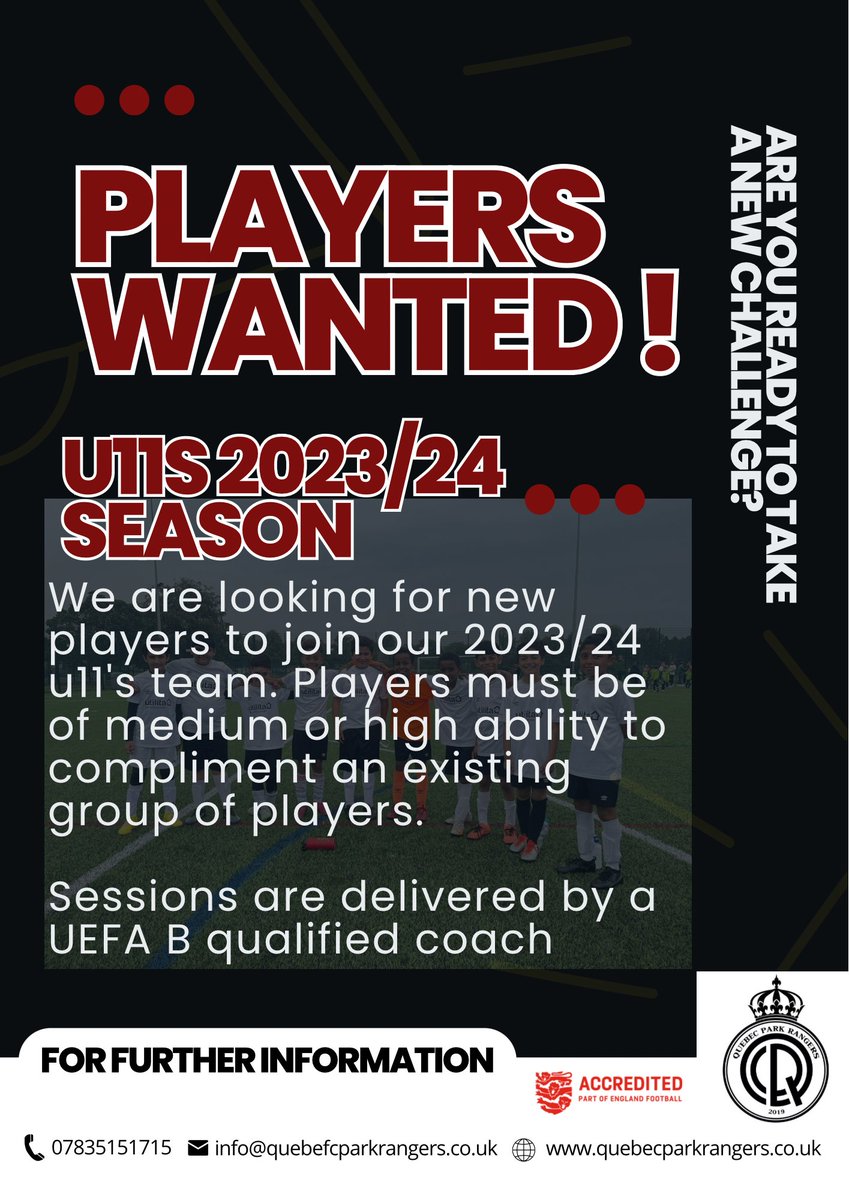 NEW PLAYERS WANTED 

Our 2023/24 u11s are looking to add players to their team in preparation for 9v9 football 

DM if interested and SHARE where possible 

#bolton #grassrootsfootball