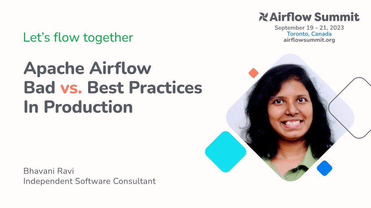 👩🏻‍💻👀You don't want to miss the talk of @BhavaniRavi_ on #Airflowsummit 2023, she will go through a series of factors that data teams need to watch for while setting up Airflow in Production.🙌

Let's flow together in Toronto Canada 🇨🇦
🎟️ airflowsummit.org/tickets/