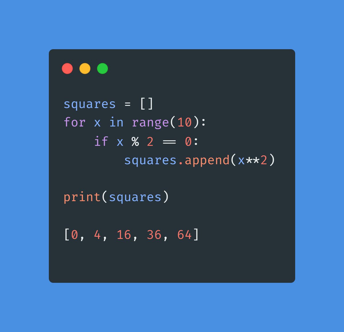 pythoncodestar's tweet image. List comprehension is a game-changer in Python! With just one line of code, you can create, filter, and transform lists.

Check these two examples; the first one the traditional way, the second one using list comprehension.