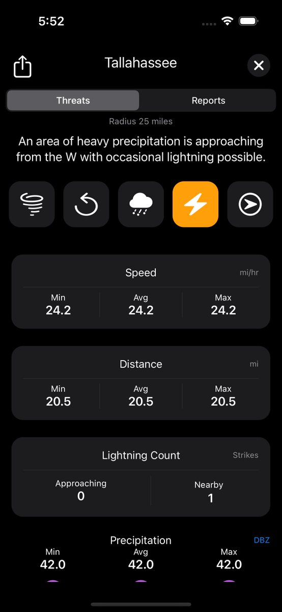 WeatherGodsApp's tweet photo. "Hey, Weather Gods users! 👋 We've recently added a new feature to the storm threats screen: a lightning strike count for approaching and nearby storms ⚡️⚡️ We'd love to hear your thoughts! Are you finding this new addition useful? Let us know! #StormThreats #LightningStrikes" https://t.co/jBrZYTPHLQ