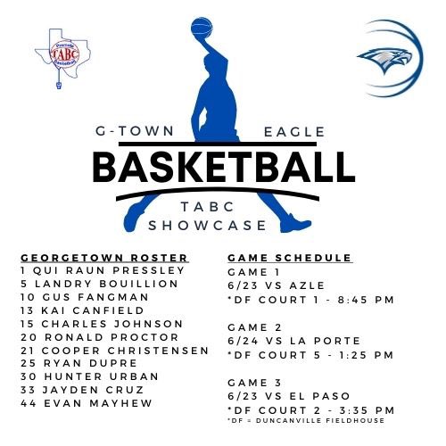 GTEaglesBBall's tweet photo. The Eagles of Georgetown are excited for this upcoming @Tabchoops showcase!
We have some HOOPERS that college coaches are going to want to take note!
#EFND 
@AthleticsGISD @Mr_B_Johnson @TexasHoopsGASO @QPressley02 @MikaienC @RyanDupre15 @Jcruz33_ @EvanMayhew3 https://t.co/2SrPfIYTaw