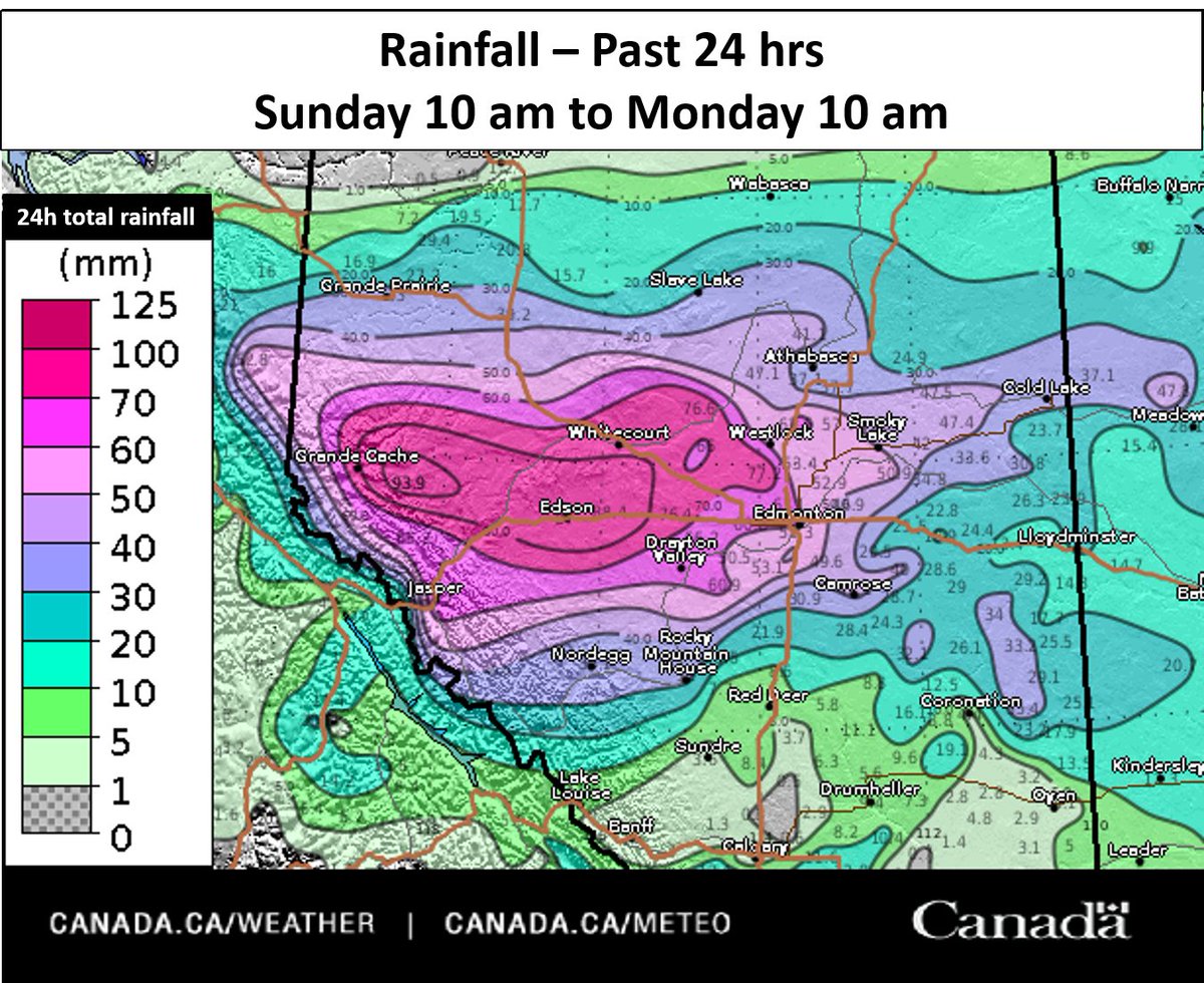 There’s been a lot of rain in central AB ☔, and there’s more in the forecast for today. How much rain so far? 24 hr rainfall totals from Sun, June 18 morning to Mon, June 19 below. Of note, Hendrickson Creek received 94 mm, Carrot Creek 88.6 mm and Edson 87 mm. #abstorm